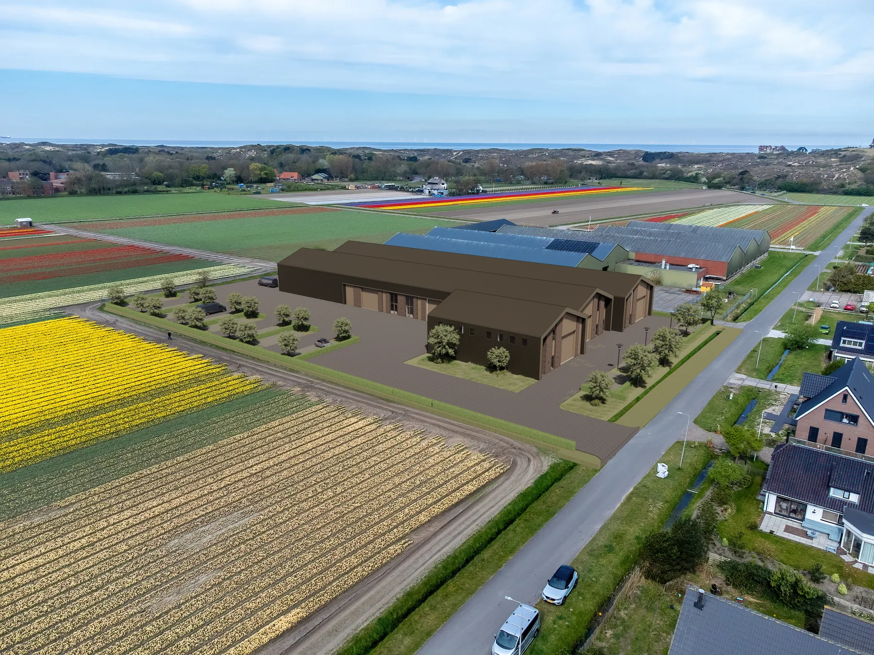 Luchtfoto-impressie van Gerlee Park tussen de bollenvelden met de duinen erachter