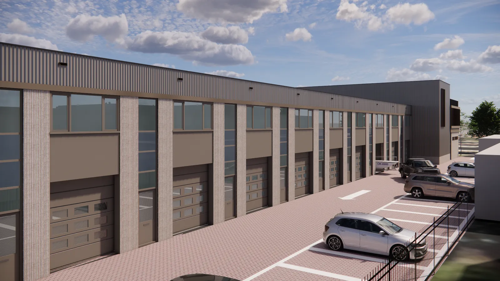 Rij L- en XL-units met glazen pui op de verdieping en parkeerplaatsen