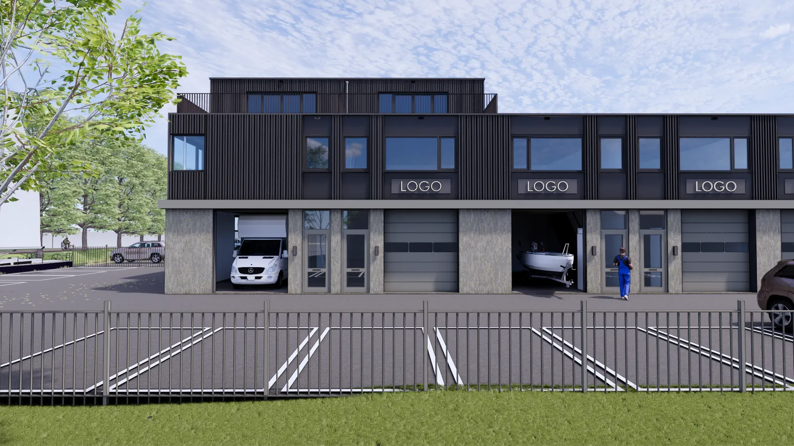 Impressie van de units met open overheaddeuren, een camper en een boot binnen